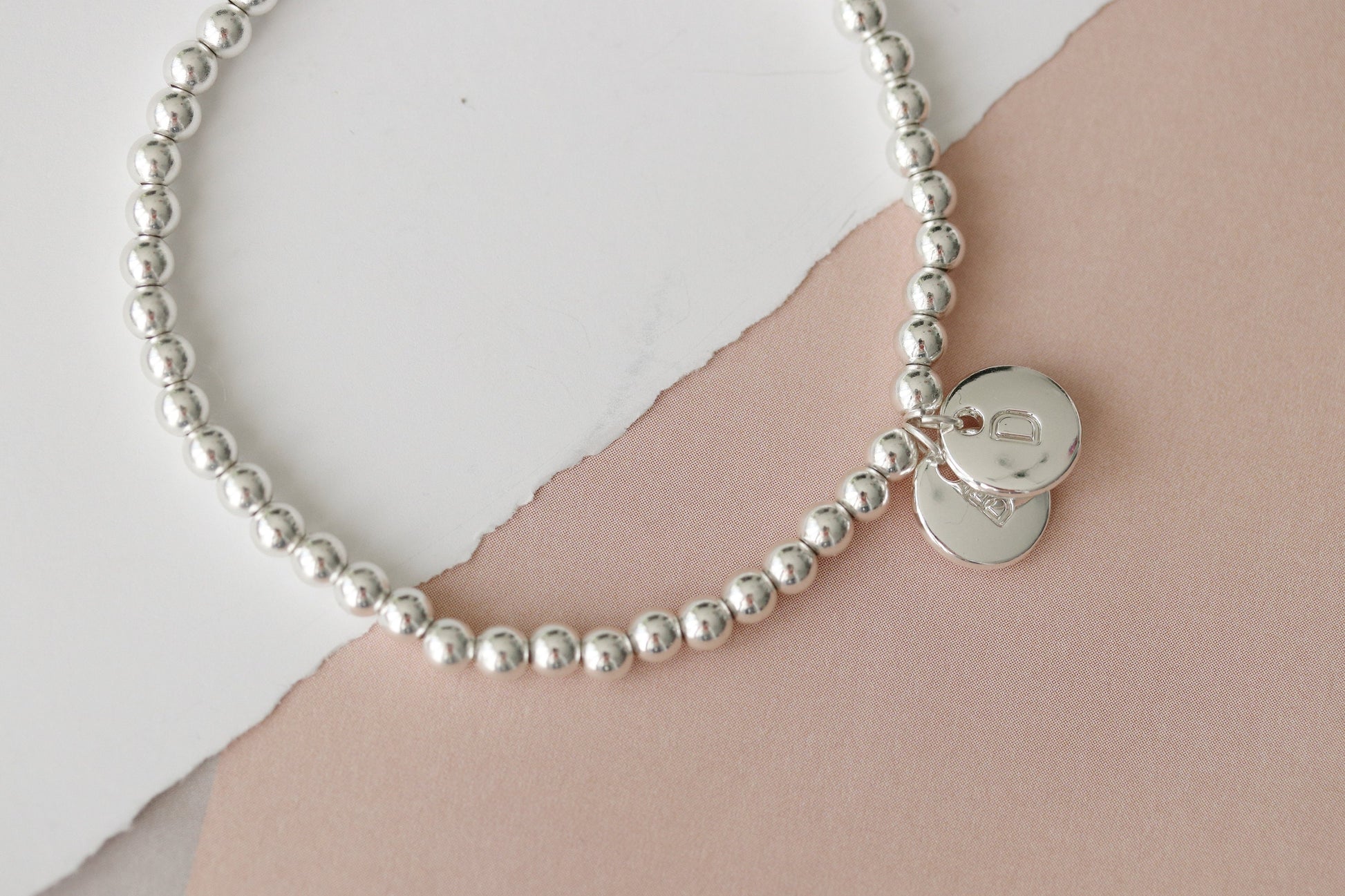 Mother's Day Gift for Her, Silver Beaded Elastic Initial Bracelet, Personalised Bracelet, Sentimental Gift, Silver Stretch Alphabet Bracelet