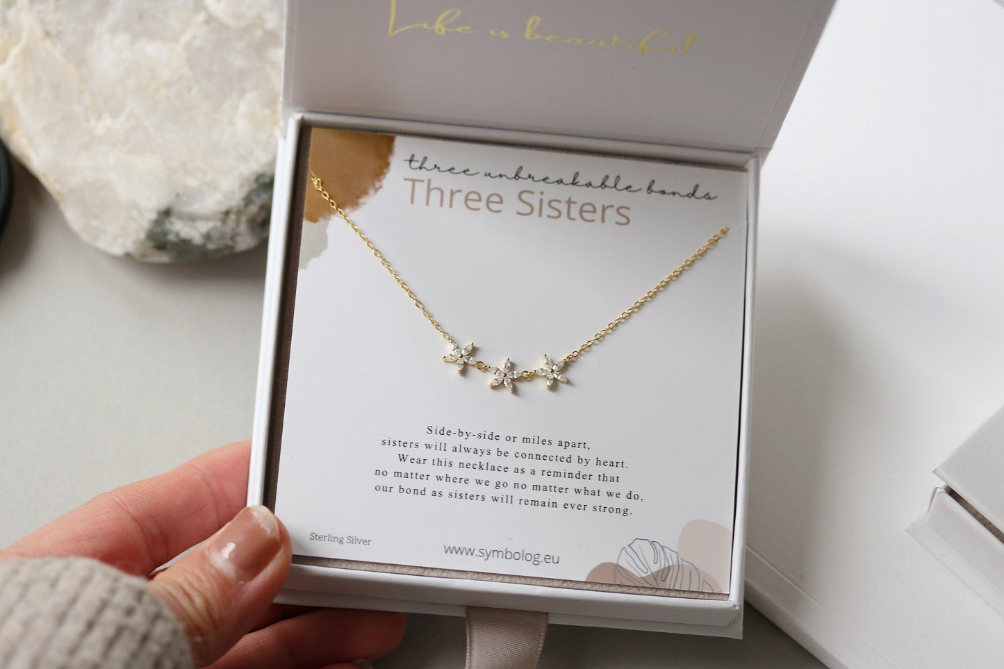 Sterling Silver Three Sister Necklace, Gold Plated CZ Crystal Flower necklace, Dainty Bridesmaid Necklace , Christmas Gift For Her/Sister