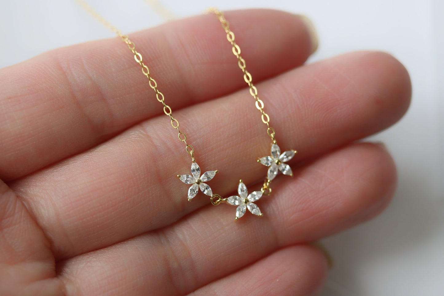 Sterling Silver Three Sister Necklace, Gold Plated CZ Crystal Flower necklace, Dainty Bridesmaid Necklace , Christmas Gift For Her/Sister