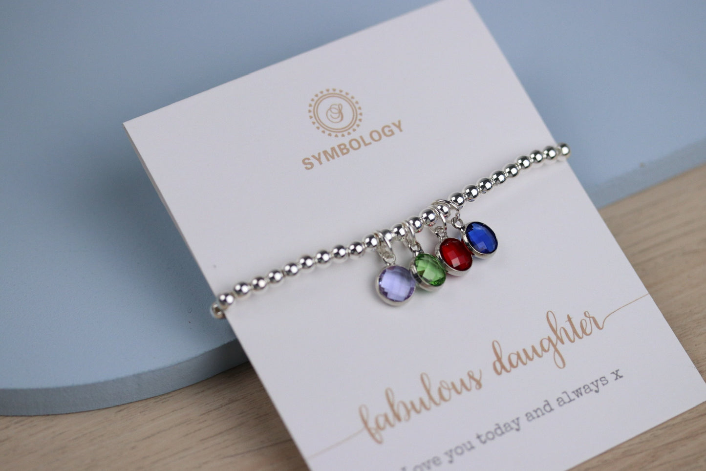 Personalised Initial Silver Daughter Bracelet, Sterling Silver Plated Beaded Elastic Birthstone Bracelet, Daughter Gift, Daughter in Law