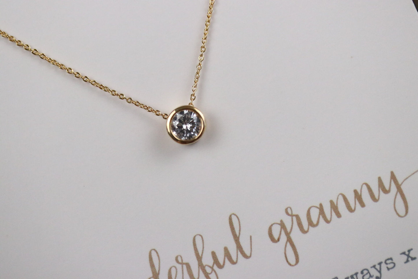 Granny Gift, Silver CZ Diamond Shape Necklace, 3 Colours Available, Delicate Dainty Semi-precious Bead Round Frame Necklace, Gift for Her