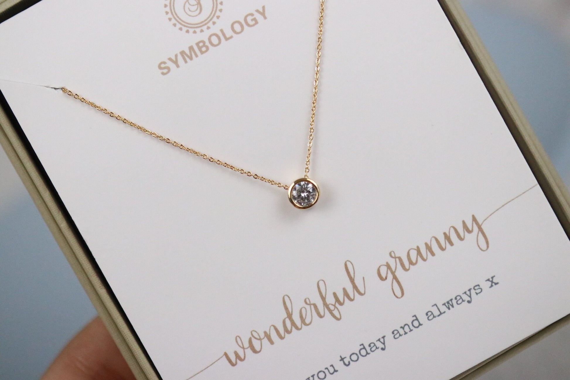 Granny Gift, Silver CZ Diamond Shape Necklace, 3 Colours Available, Delicate Dainty Semi-precious Bead Round Frame Necklace, Gift for Her