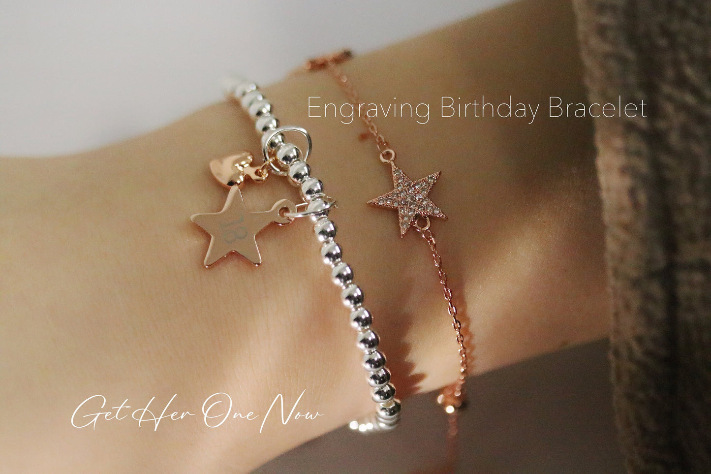 Silver Personalised Bracelet, Silver Beads Name Bracelet, Rose Gold Zodiac Bracelet, Customised Number Bracelet, 50th Birthday Gift for Her