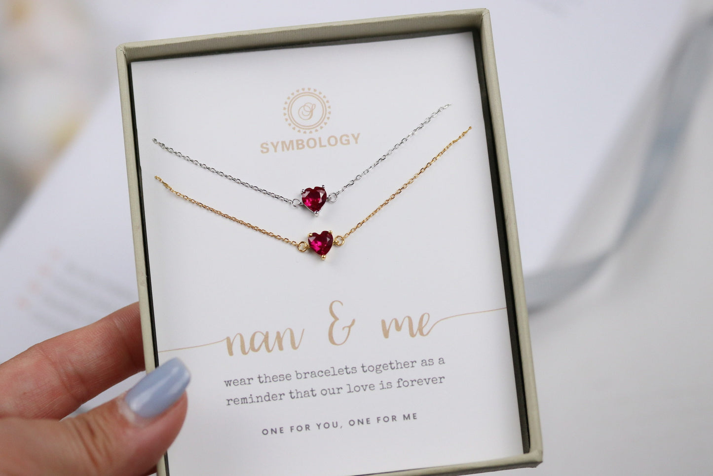 Sister Gift, 925 Silver Ruby Stone Heart Bracelet Set, Minimalist Gold Tiny Bracelet, ,Silver July Birthstone Bracelet, mother's day gift