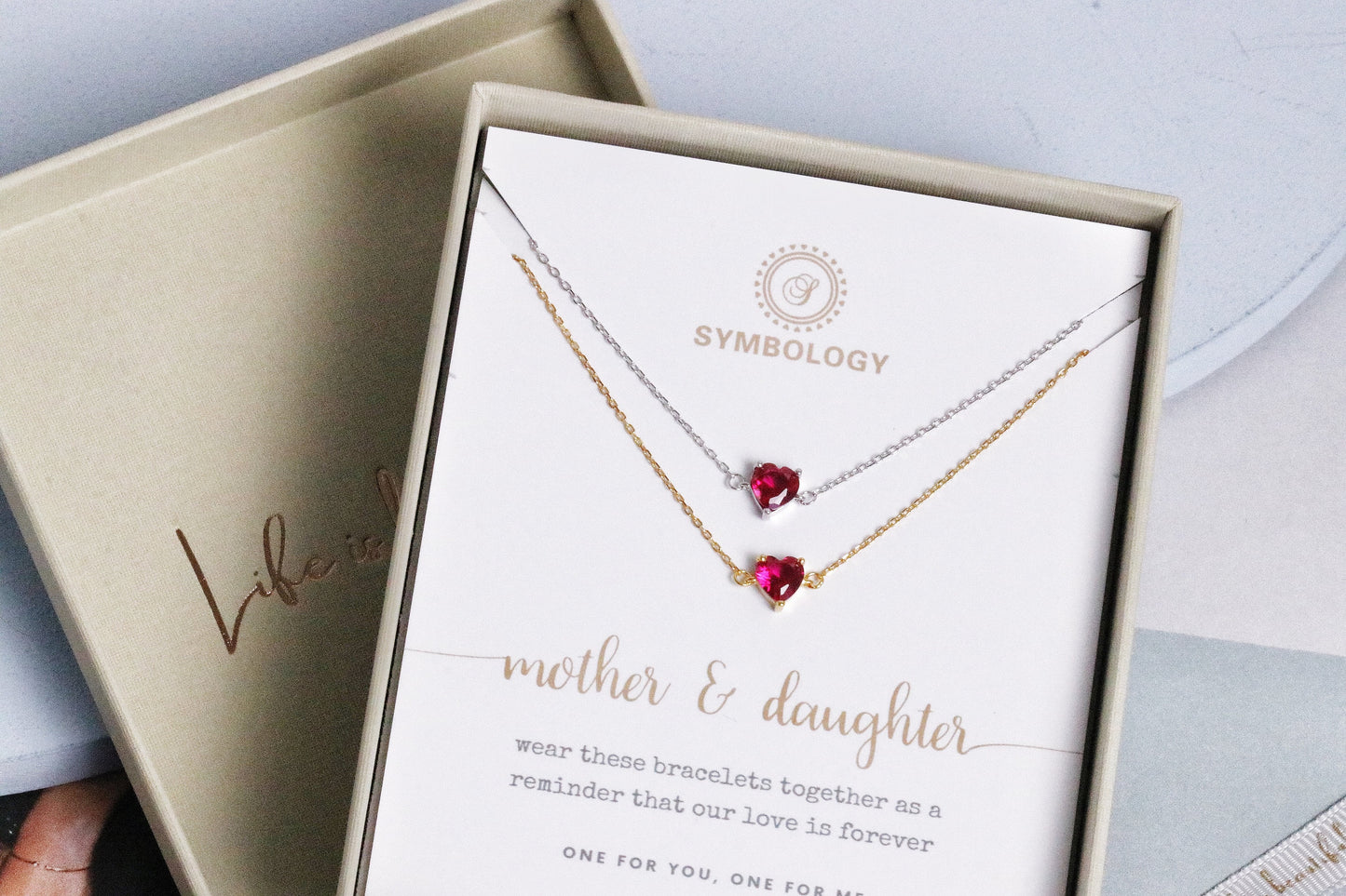 Sister Gift, 925 Silver Ruby Stone Heart Bracelet Set, Minimalist Gold Tiny Bracelet, ,Silver July Birthstone Bracelet, mother's day gift