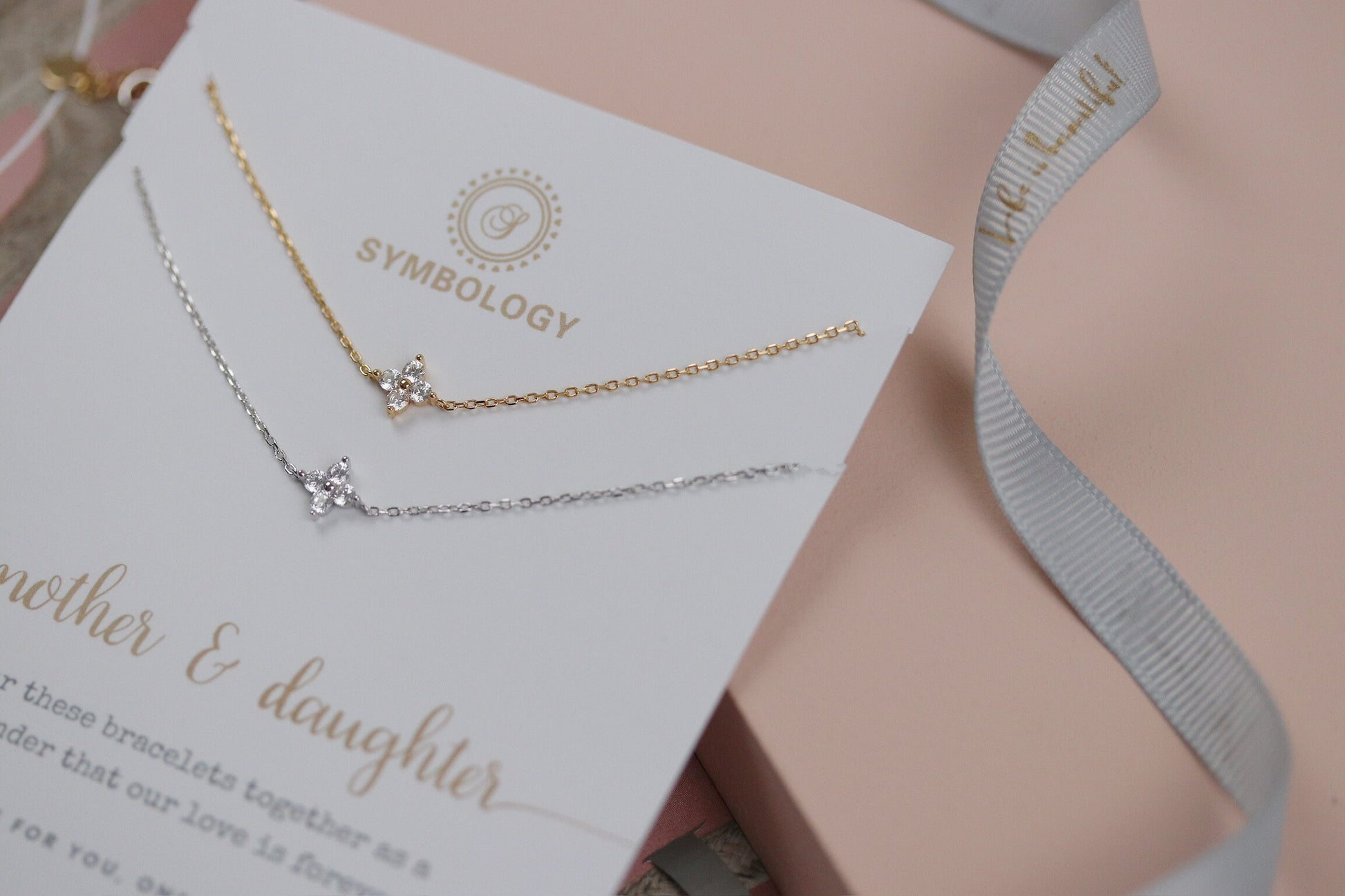 Mother Daugther Gift, Gold Four Leaf Clover Bracelet Set for Mum, Minimalist 925 Silver Tiny Bracelet, Christmas Gift for Her, Personalised