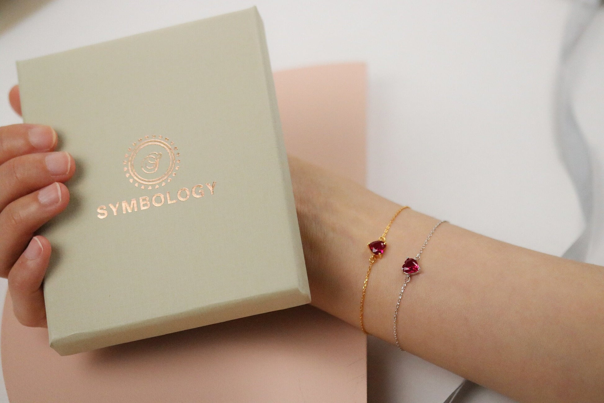 Best Friend Gift, 925 Silver Ruby Stone Heart Bracelet Set, Minimalist Tiny Stacking Bracelet, July Birthstone Gift, Mother's Day Gift