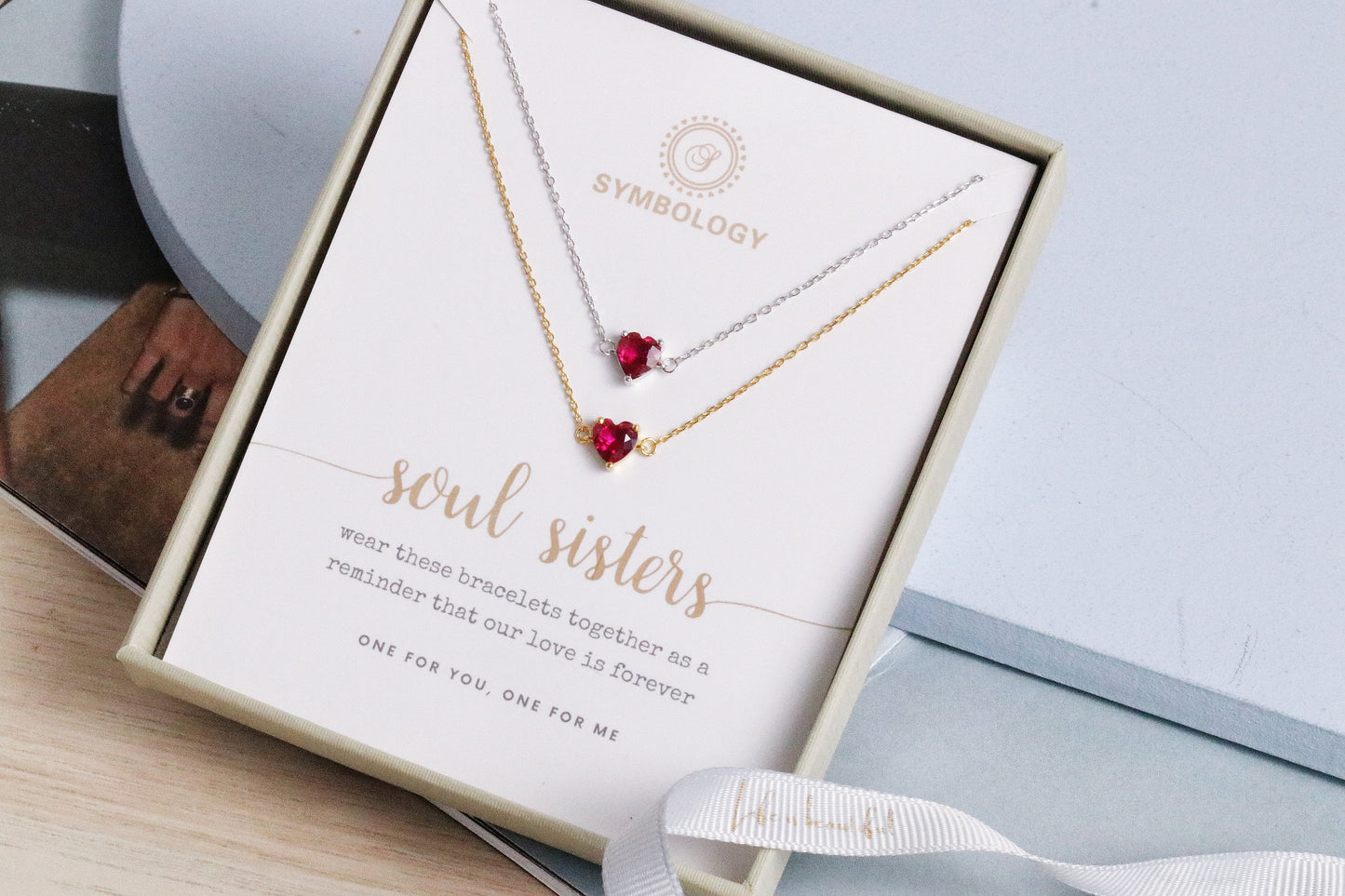 Best Friend Gift, 925 Silver Ruby Stone Heart Bracelet Set, Minimalist Tiny Stacking Bracelet, July Birthstone Gift, Mother's Day Gift