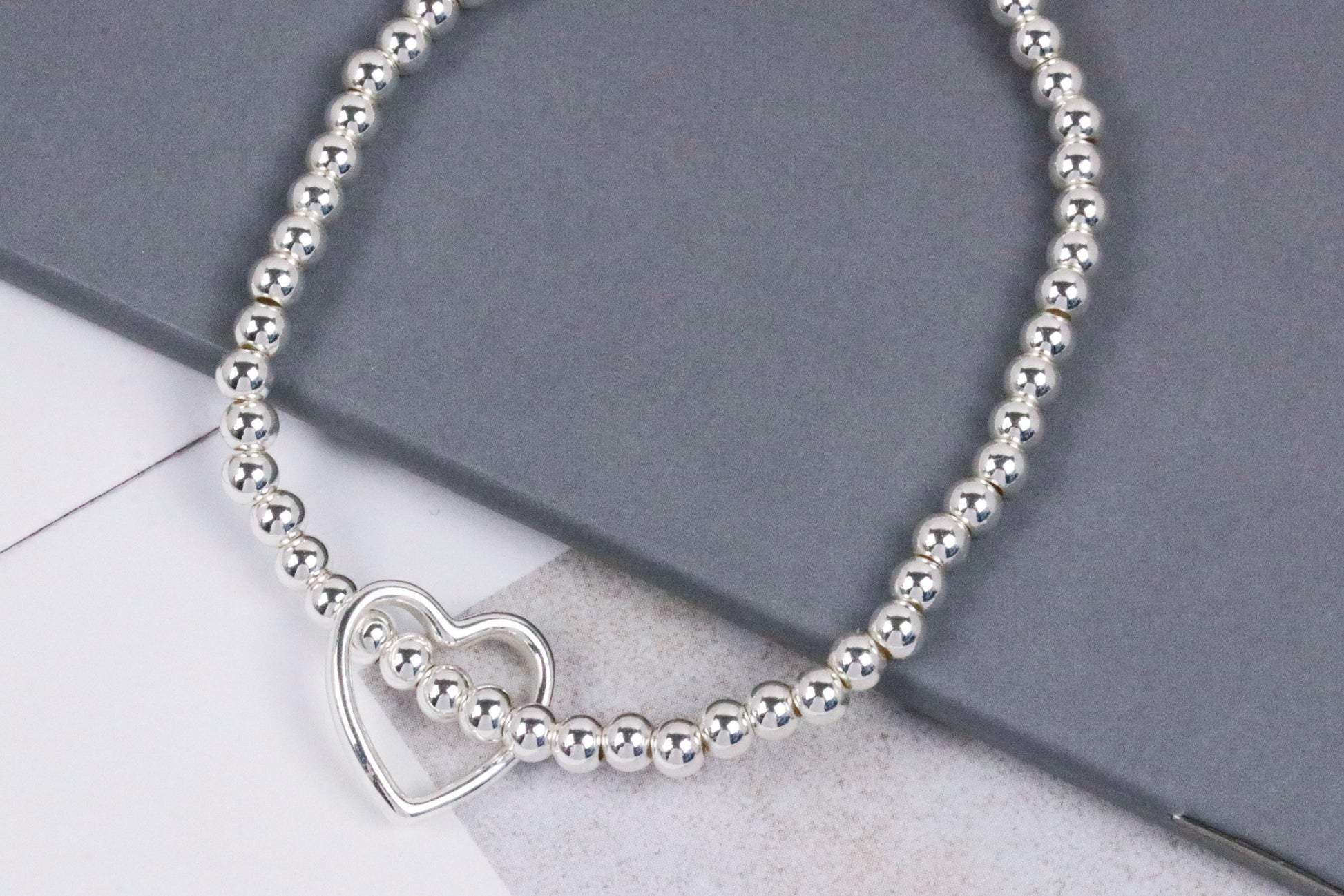 Christmas Gift for Her, Personalised Bracelet, Silver Open Love Heart Bracelet, Silver Beaded Stretch Bracelet, Birthday Gift for Mum, Sis