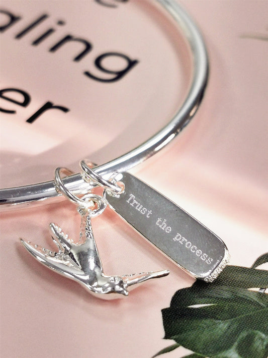 Trust the Process Bangle with Silver Swallow Charm, Symbology, Symbol Bangle, Sentimental, Believe Yourself, Encouraging Gift (Gift boxed)