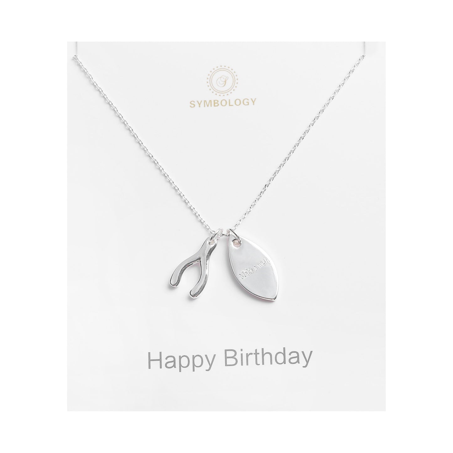 Happy Birthday Personalised Necklace, Silver Wish Bone Charm, Birthstone Initial Pendant, Sentimental Womens Jewellery, Bday Gift for Her