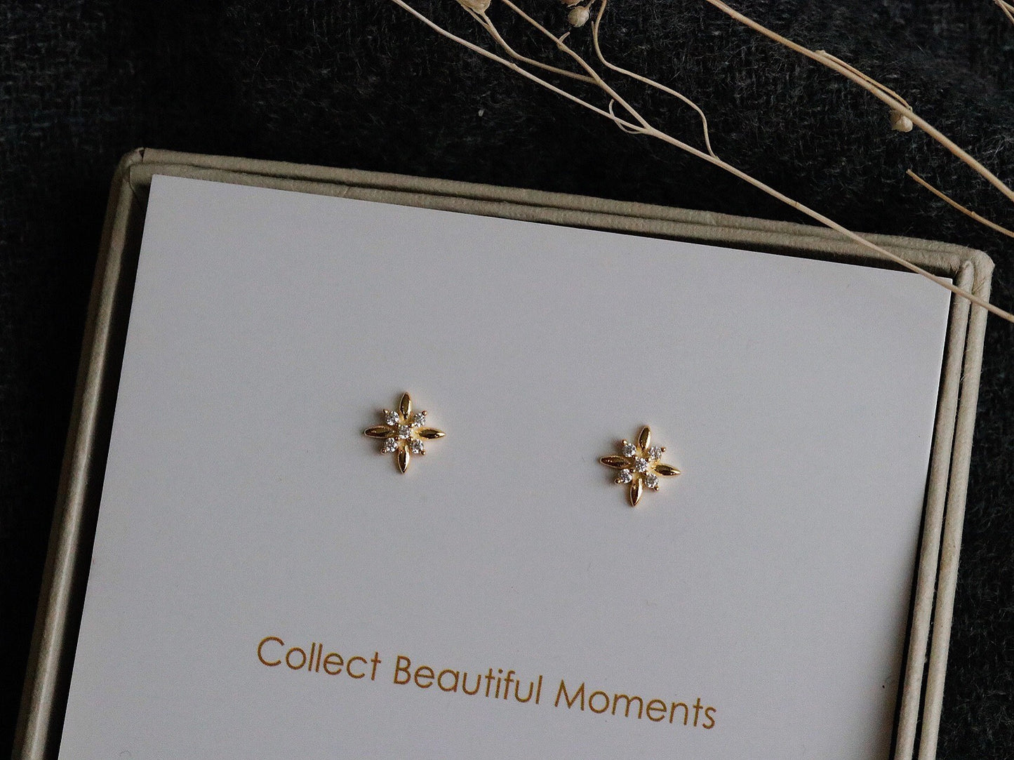 Dainty Starburst Studs Earrings in Sterling Silver With 18K Gold Plated / CZ Silver & Gold Delicate Studs For Friends / Valentines Gift