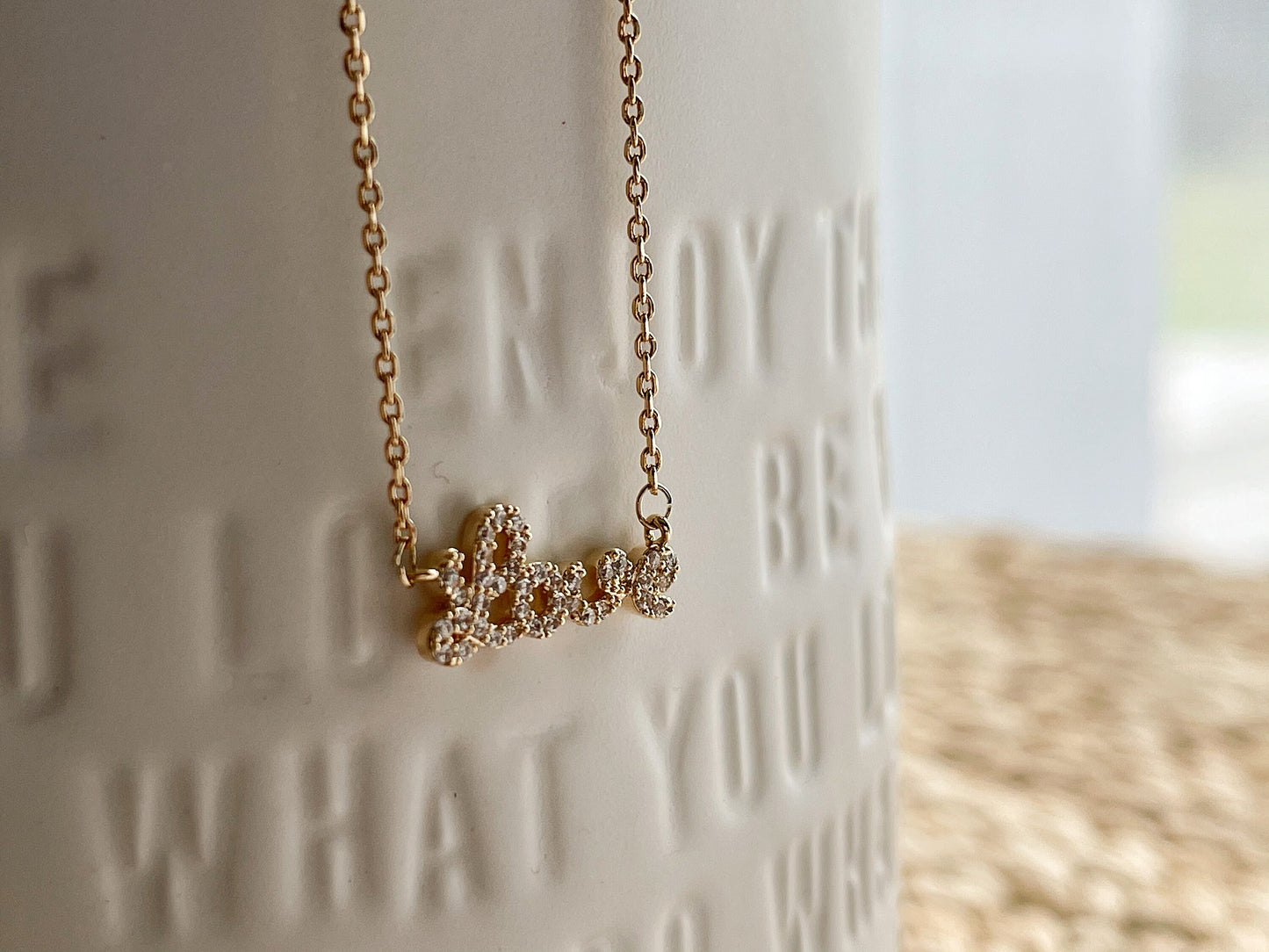 Love Word Necklace of SYMBOLOGY, Gold CZ Pave Love Letter Necklace, Gift For Her, Best Friends Gift, Personalized Love Necklace, Little Sis