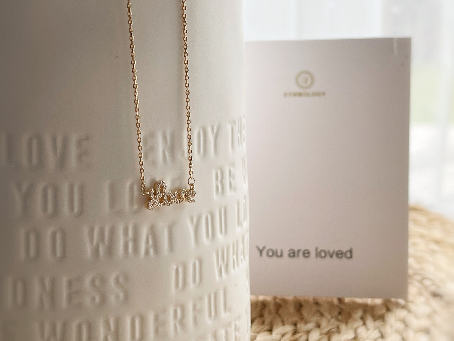 Love Word Necklace of SYMBOLOGY, Gold CZ Pave Love Letter Necklace, Gift For Her, Best Friends Gift, Personalized Love Necklace, Little Sis