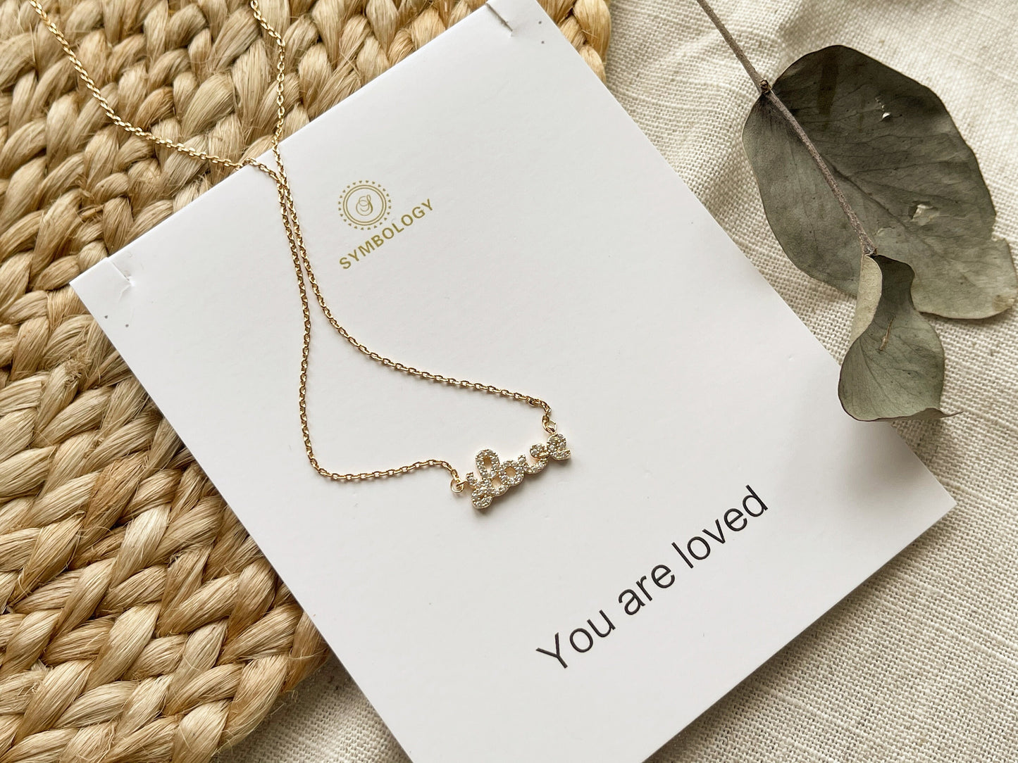 Love Word Necklace of SYMBOLOGY, Gold CZ Pave Love Letter Necklace, Gift For Her, Best Friends Gift, Personalized Love Necklace, Little Sis