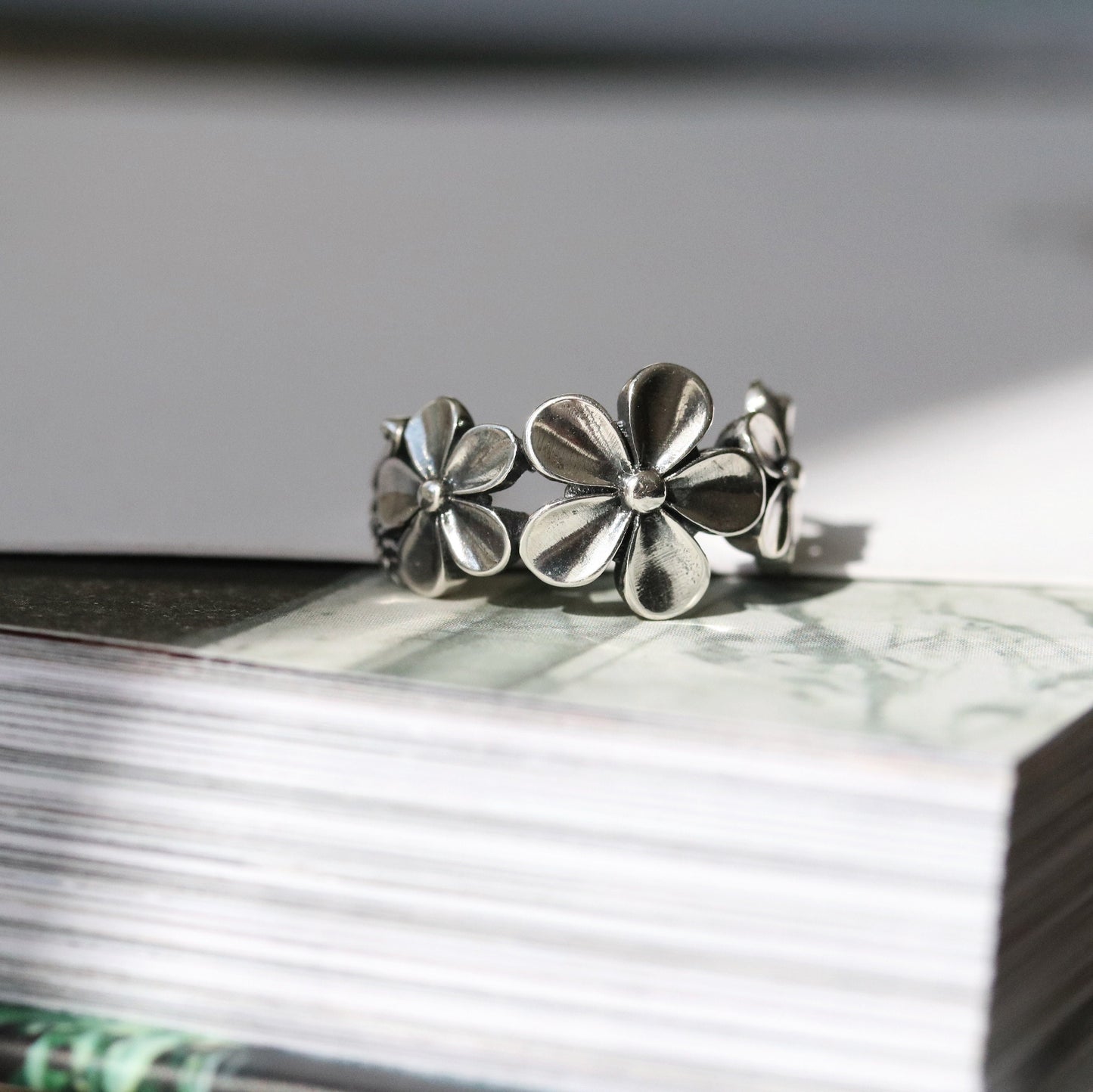 Handmade Flower Ring in Sterling Silver, Adjustable Floral Ring Open Ring, Modern Minimal Adjustable Open Ring, Stackable Ring, Gift for Her