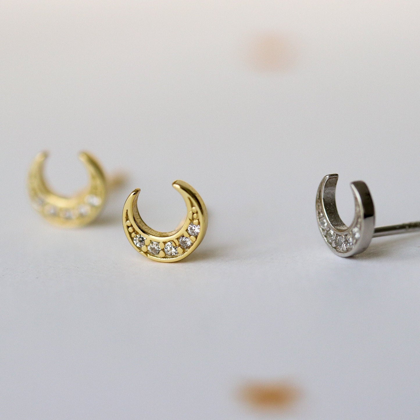 Tiny CZ Pave Crescent Moon Earrings, Gold Silver Stud Earrings, Sparkly Diamante Studs, Dainty Minimalistic Womens Jewellery, Gift for Her