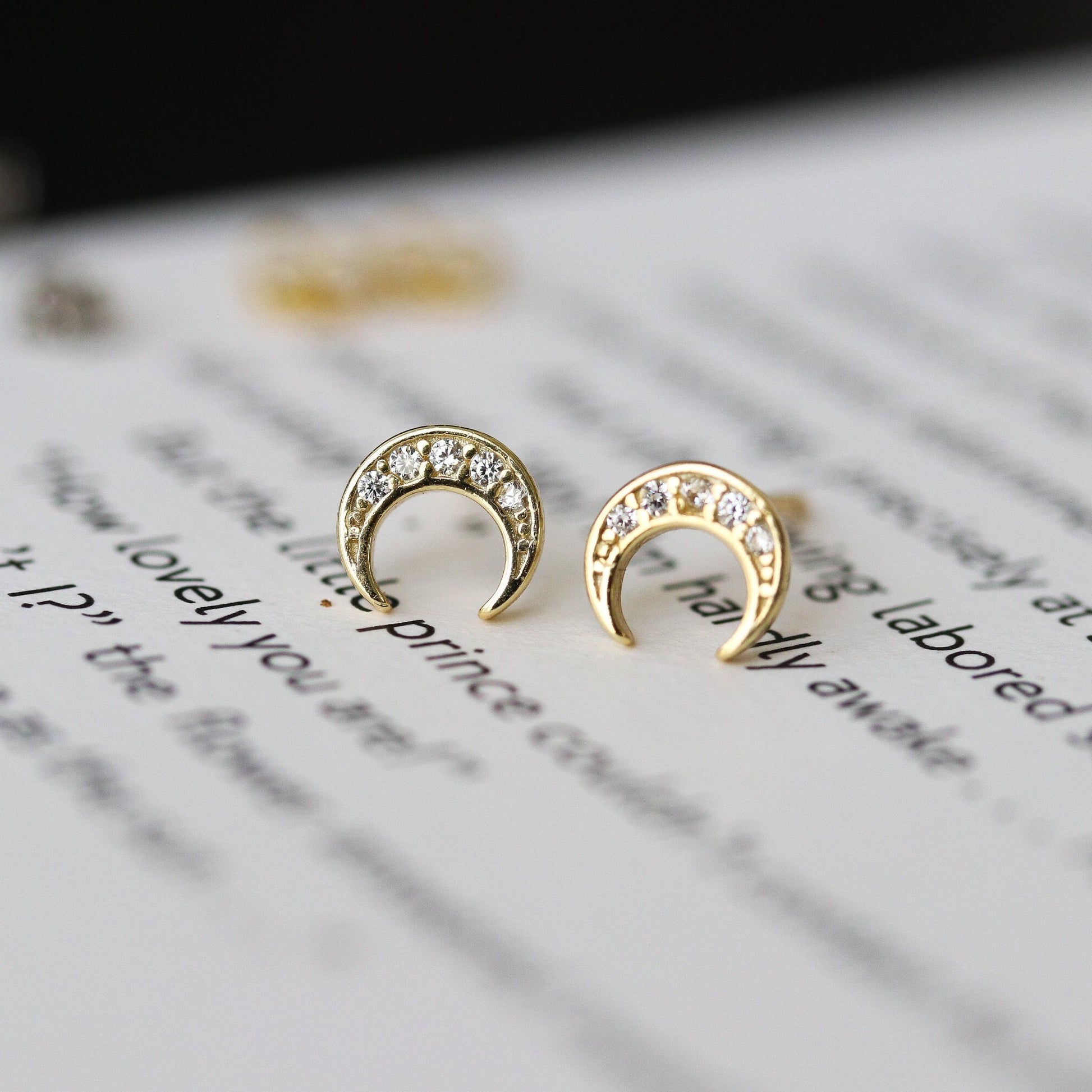 Tiny CZ Pave Crescent Moon Earrings, Gold Silver Stud Earrings, Sparkly Diamante Studs, Dainty Minimalistic Womens Jewellery, Gift for Her