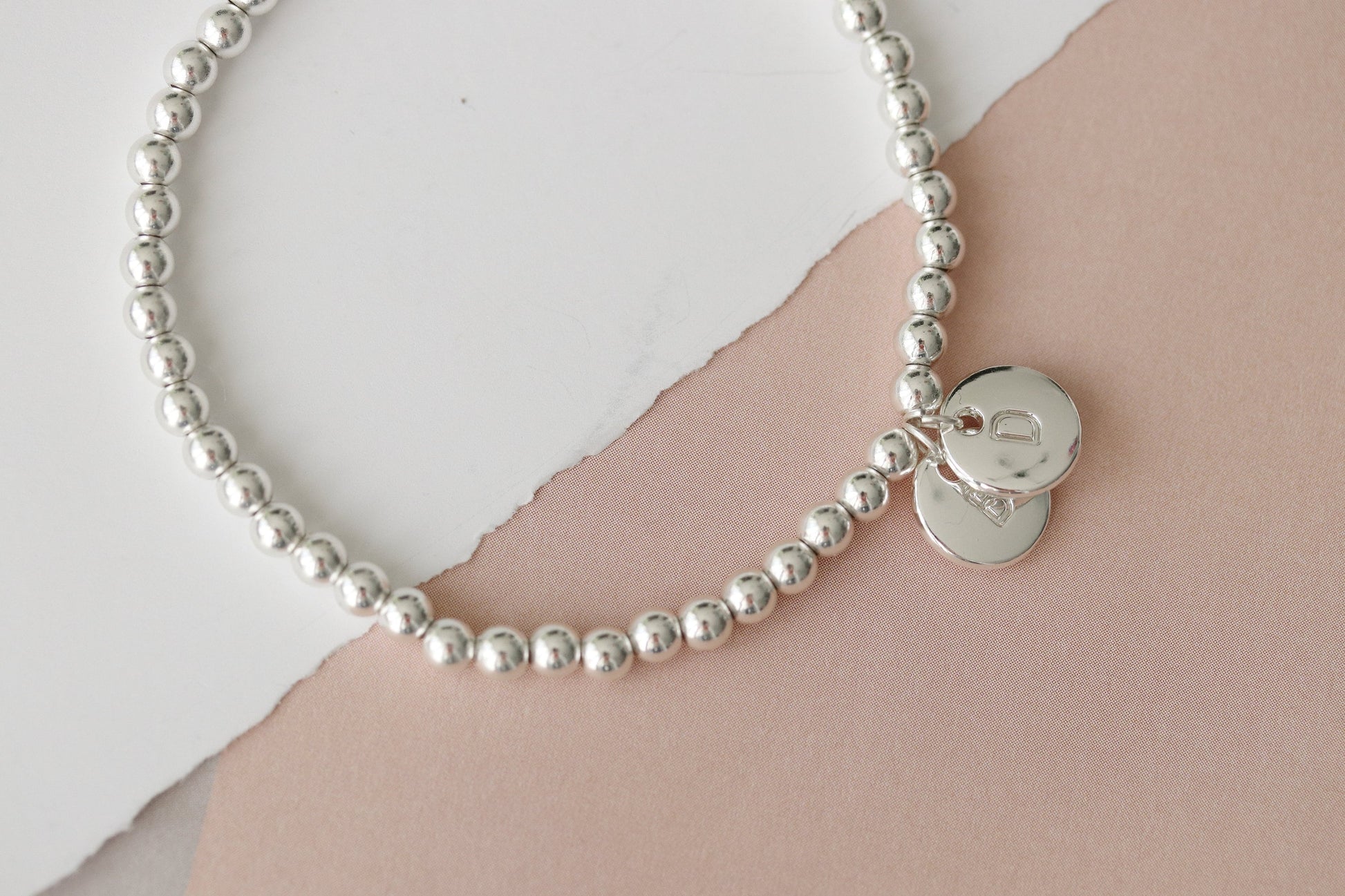 Silver Beaded Elastic Initial Bracelet, Personalised Bracelet, Sentimental Gift, Silver Stretch Charm Bracelet, Birthday Gift for Her, 4mm