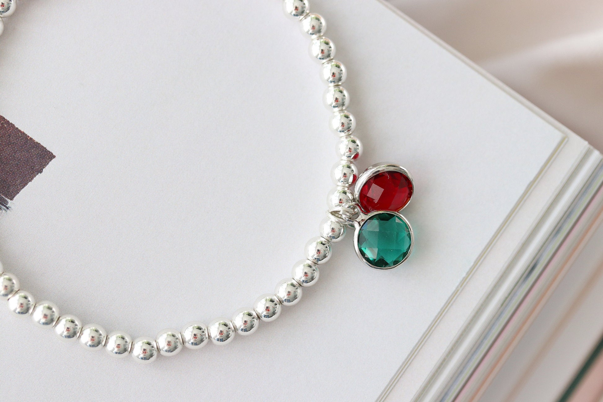 Personalised Initial Silver Bracelet, Sterling Silver Plated Beaded Elastic Birthstone Bracelet, Gift for Mum, Mother's Day Gift for her