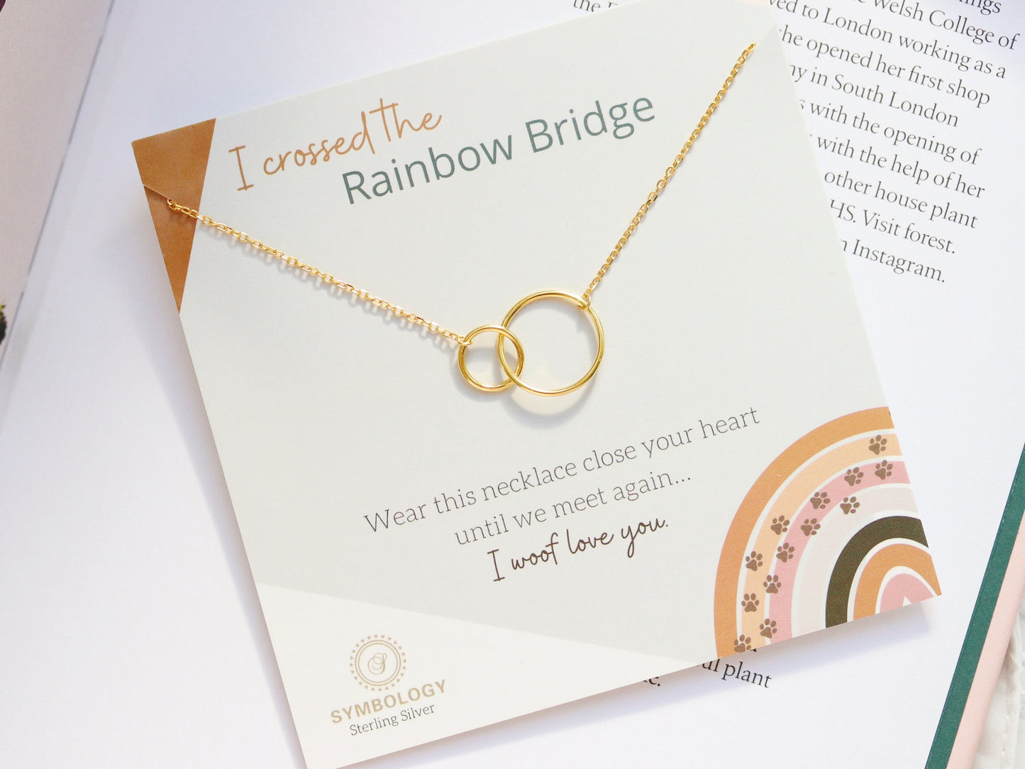 Sterling Silver I Crossed the Rainbow Bridge Necklace, Silver Double Circle Necklace, Interlinked Love Heart Necklace, Pet loss memorial