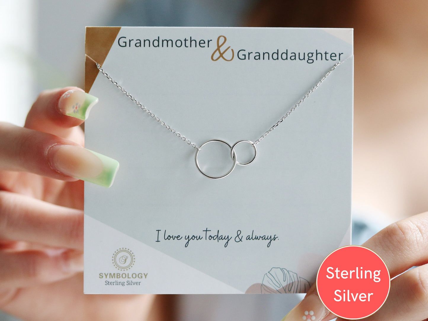 Sterling Silver Grandmother Granddaughter Necklace, Gold Double Circle Necklace, Gold Interlinked Love Heart Necklace, Birthday Gift For Her