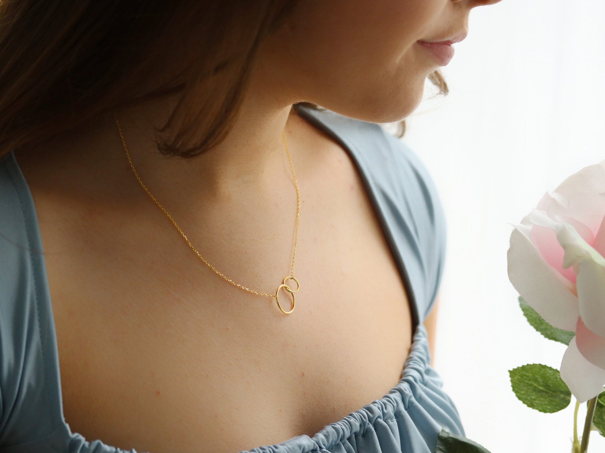 Sterling Silver Grandmother Granddaughter Necklace, Gold Double Circle Necklace, Gold Interlinked Love Heart Necklace, Birthday Gift For Her