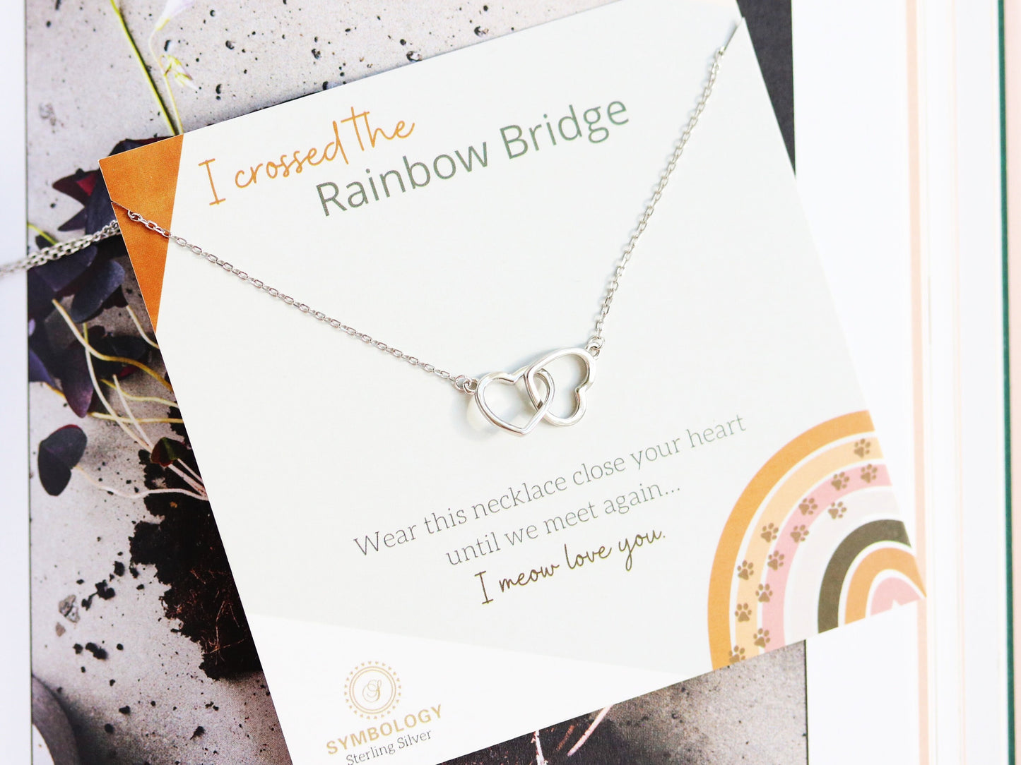 Sterling Silver I Crossed the Rainbow Bridge Necklace, Silver Double Circle Necklace, Interlinked Love Heart Necklace, Pet loss memorial