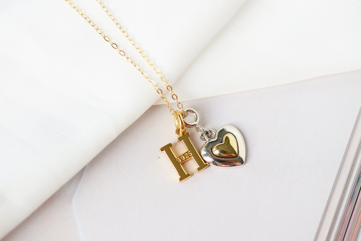 Sterling Silver Aunt & Niece Necklace, Gold Vermeil Initial Personalised Necklace, Gold Heart Pearl Charm Necklace,Gift for Auntie and Niece