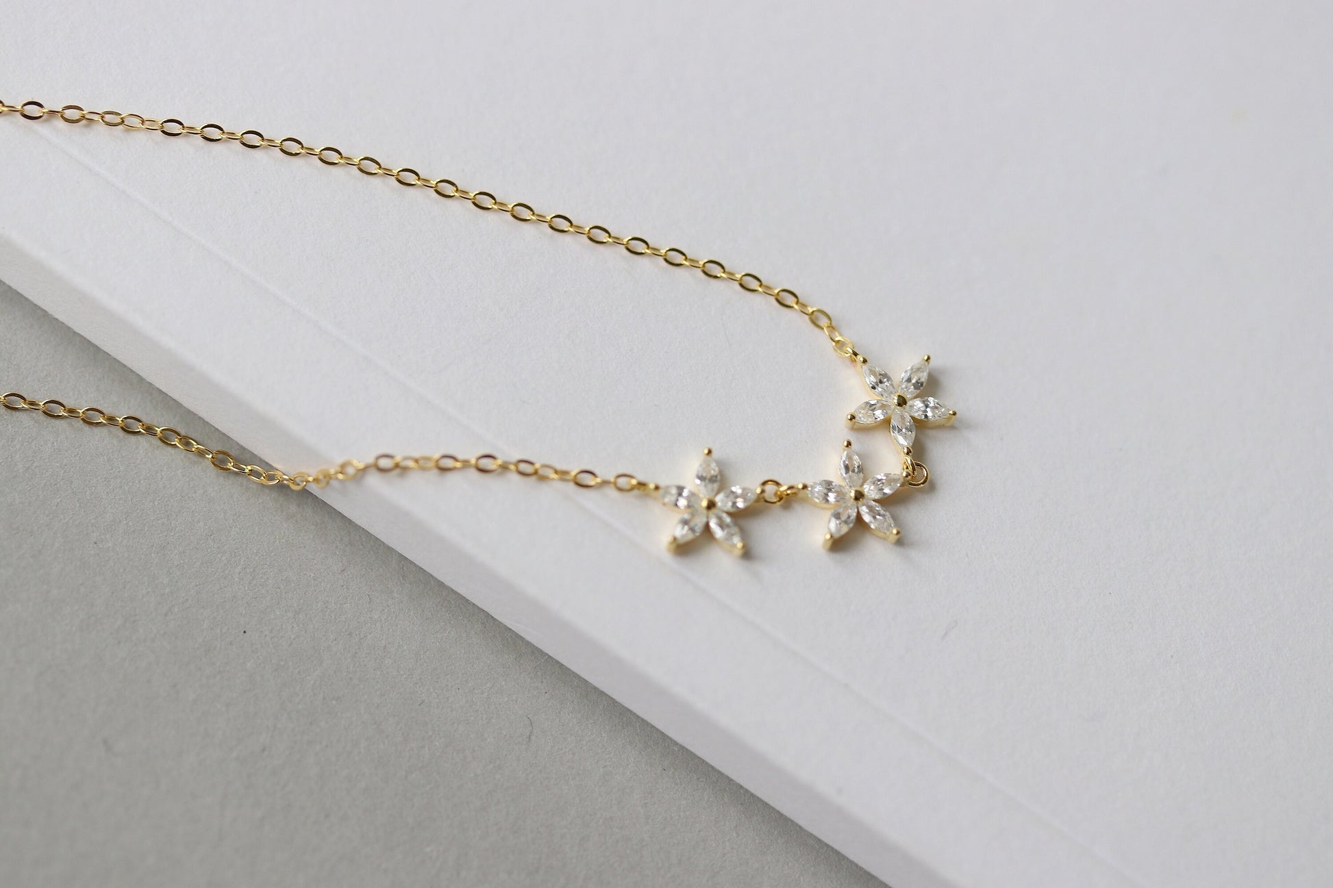 Sterling Silver Three Sister Necklace, Gold Plated CZ Crystal Flower necklace, Dainty Bridesmaid Necklace , Christmas Gift For Her/Sister