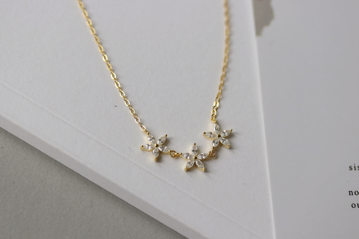 Sterling Silver Three Sister Necklace, Gold Plated CZ Crystal Flower necklace, Dainty Bridesmaid Necklace , Christmas Gift For Her/Sister