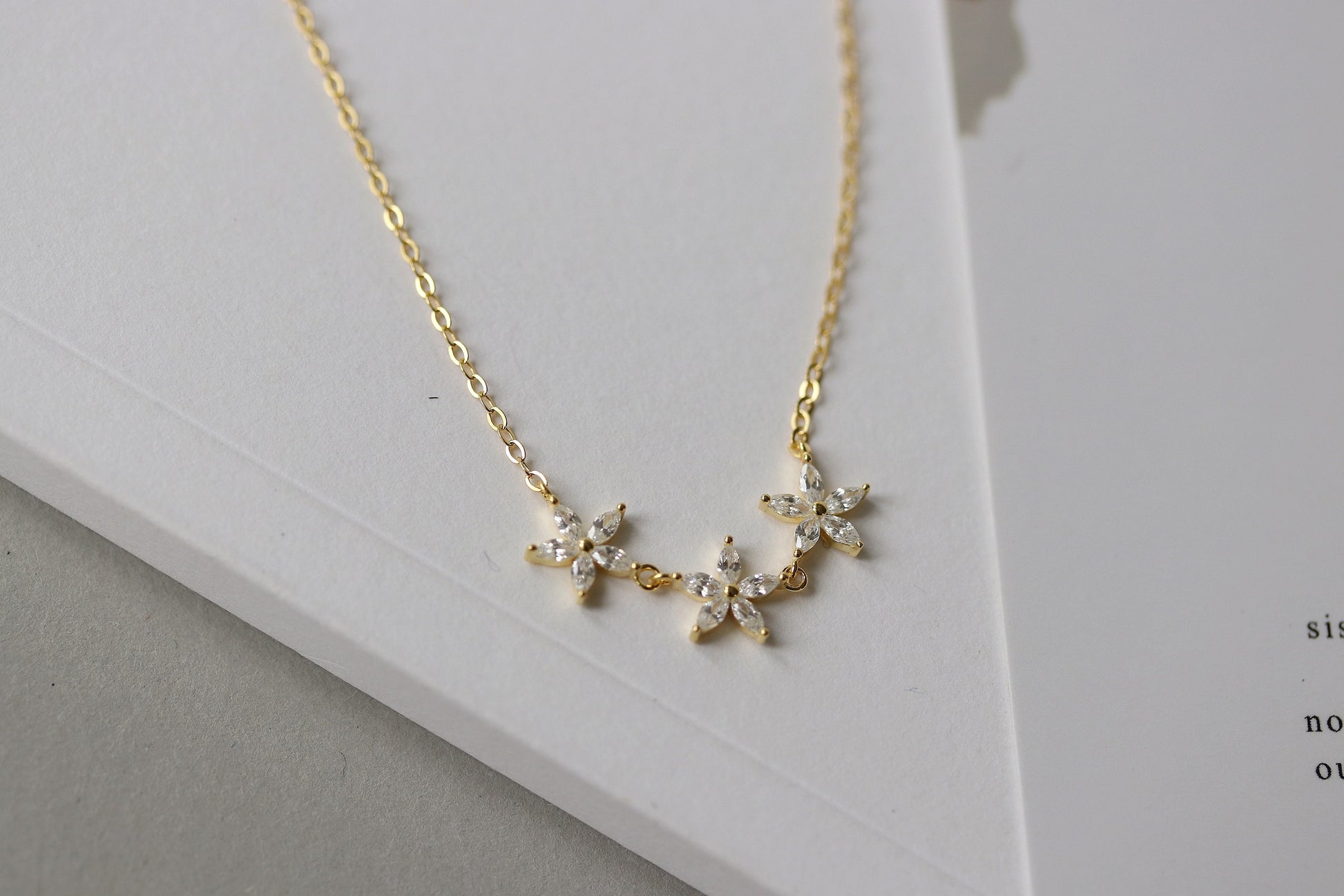 Sterling Silver Three Sister Necklace, Gold Plated CZ Crystal Flower necklace, Dainty Bridesmaid Necklace , Christmas Gift For Her/Sister