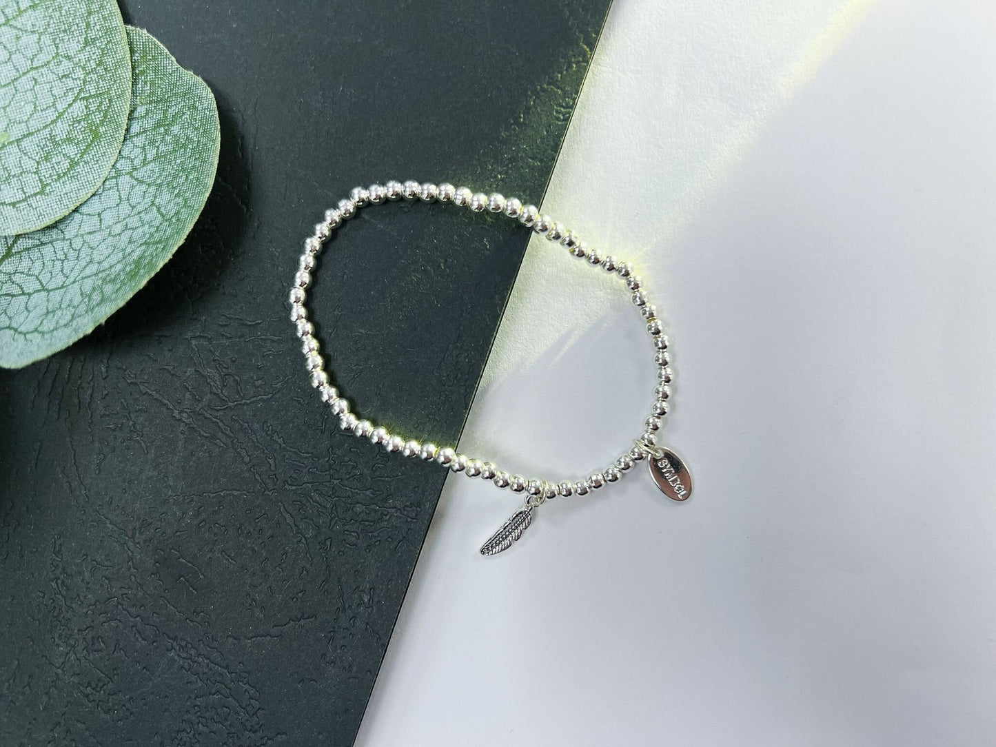 Silver Beads Feather Kids Bracelet, Silver Dream Charm Woman Elastic beaded Bracelet Size S, Christmas Gift For Her,Stocking Fillers