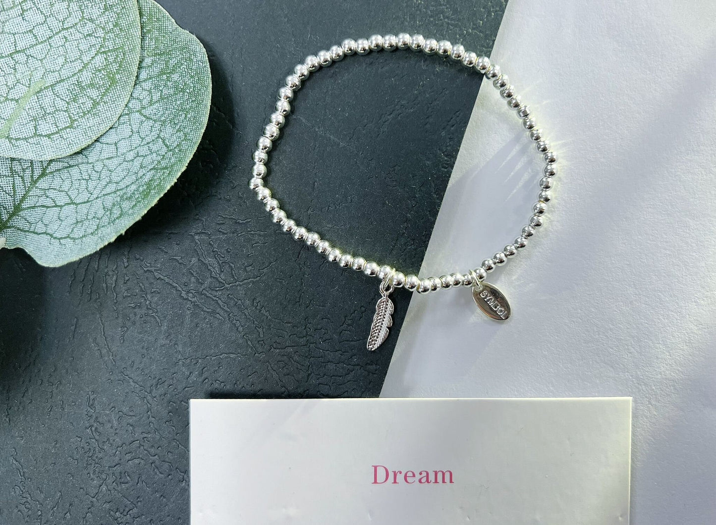 Silver Beads Feather Kids Bracelet, Silver Dream Charm Woman Elastic beaded Bracelet Size S, Christmas Gift For Her,Stocking Fillers