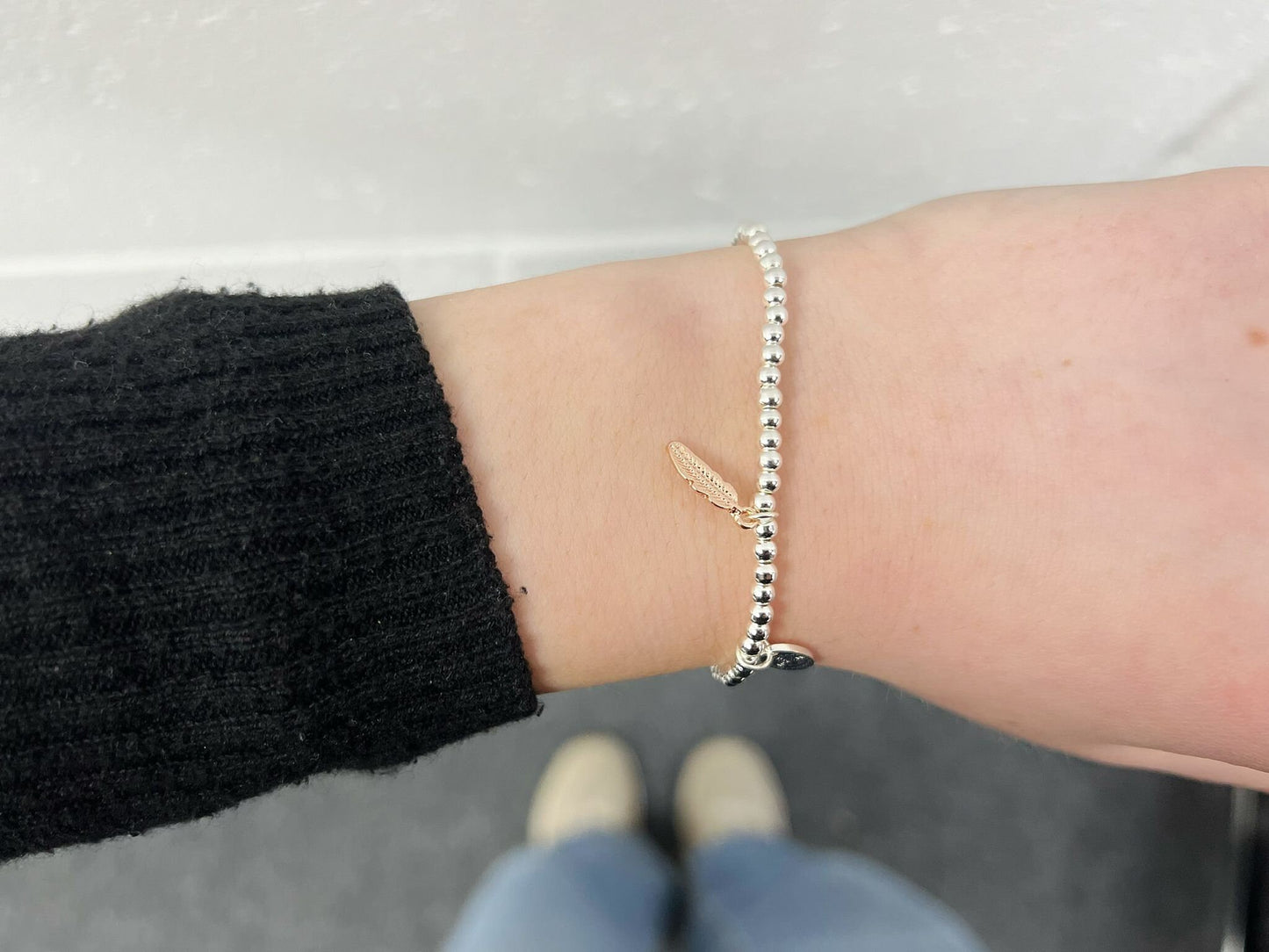 Silver Beads Feather Kids Bracelet, Wishing Feather Charm Woman Elastic beaded Bracelet,Birthday Gift For Her, Small Elastic Dainty Bracelet