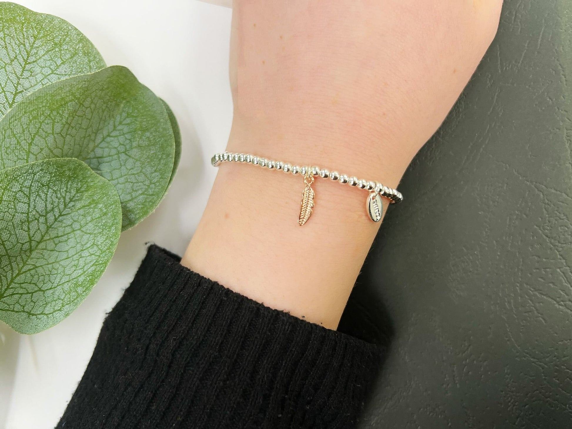 Silver Beads Feather Kids Bracelet, Wishing Feather Charm Woman Elastic beaded Bracelet,Birthday Gift For Her, Small Elastic Dainty Bracelet