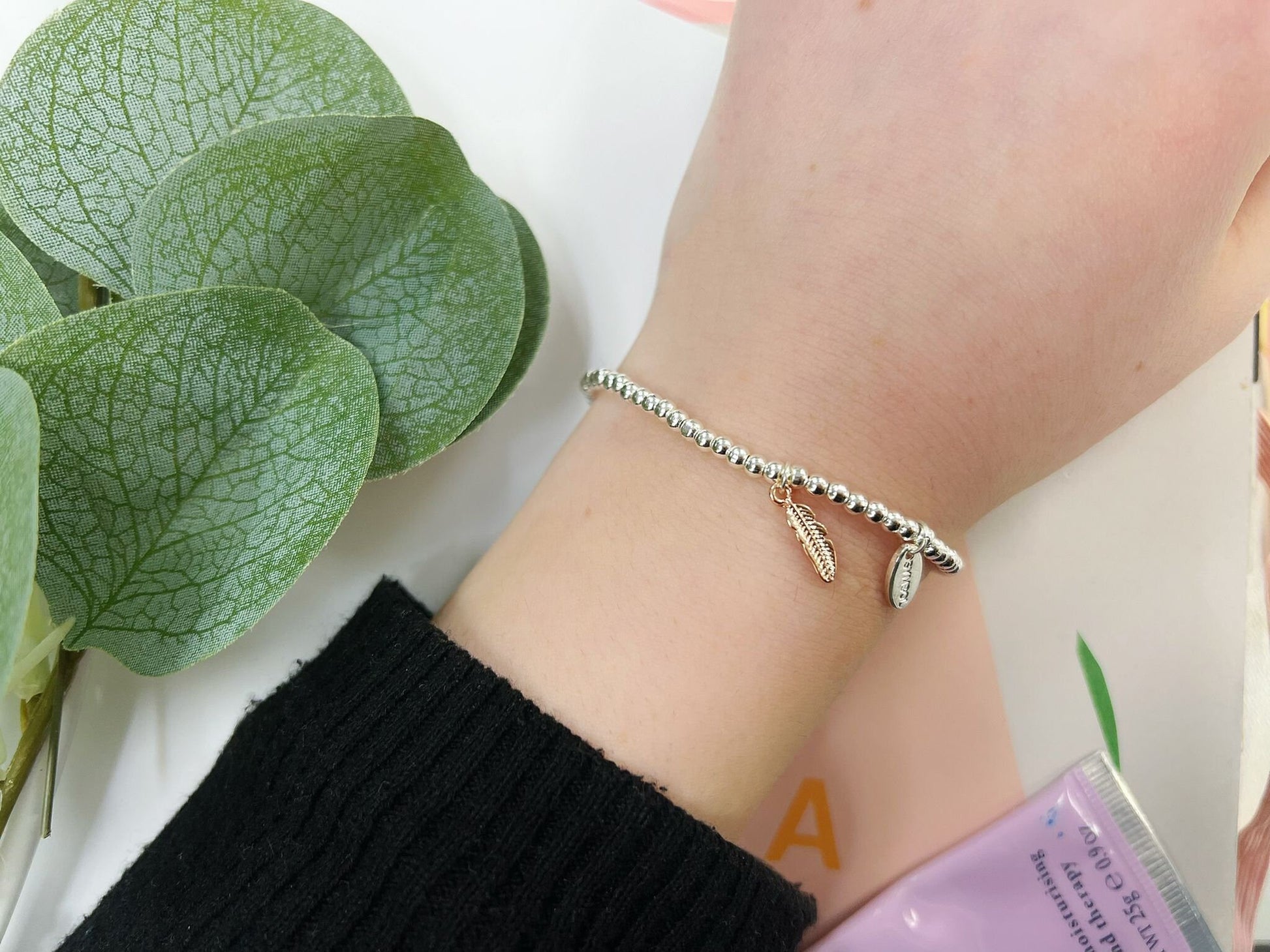 Silver Beads Feather Kids Bracelet, Wishing Feather Charm Woman Elastic beaded Bracelet,Birthday Gift For Her, Small Elastic Dainty Bracelet