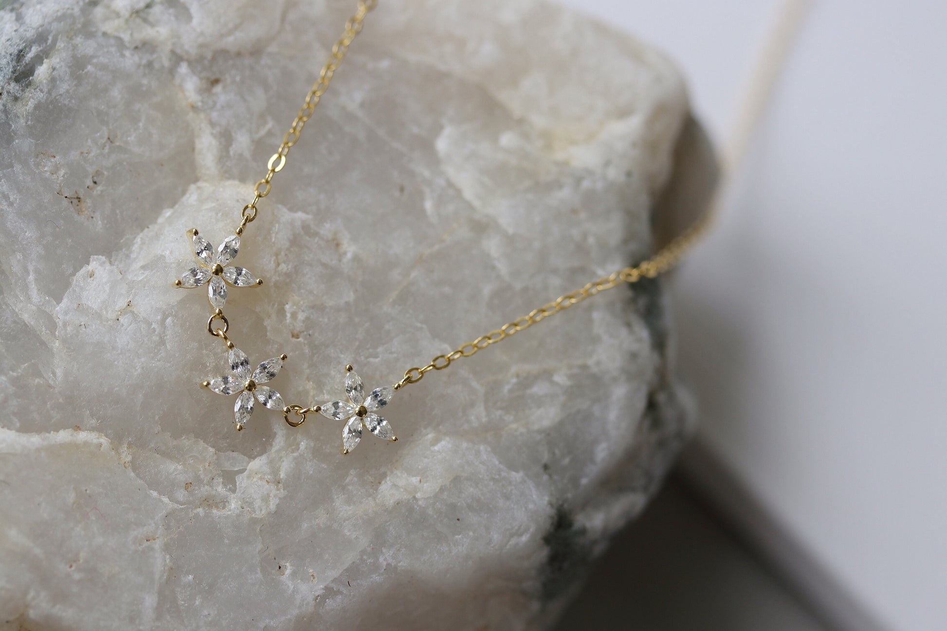 Sterling Silver Three Sister Necklace, Gold Plated CZ Crystal Flower necklace, Dainty Bridesmaid Necklace , Christmas Gift For Her/Sister