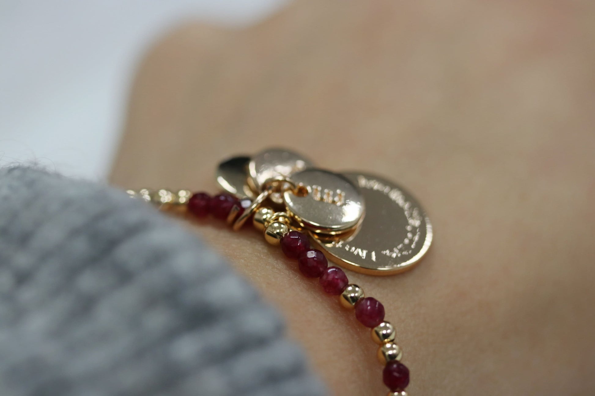 Personalised Auntie Initial Bracelet, Alphabet Charm Bracelet, Gold Stretch Ruby Natural Beads Stackable Bracelet, Auntie Birthday Gift