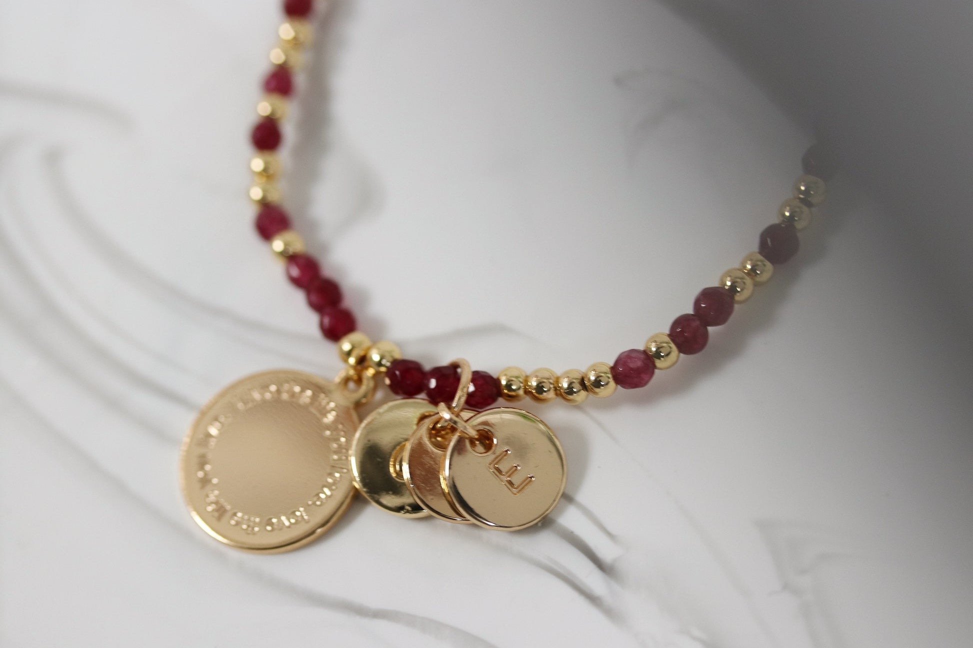 Personalised Auntie Initial Bracelet, Alphabet Charm Bracelet, Gold Stretch Ruby Natural Beads Stackable Bracelet, Auntie Birthday Gift