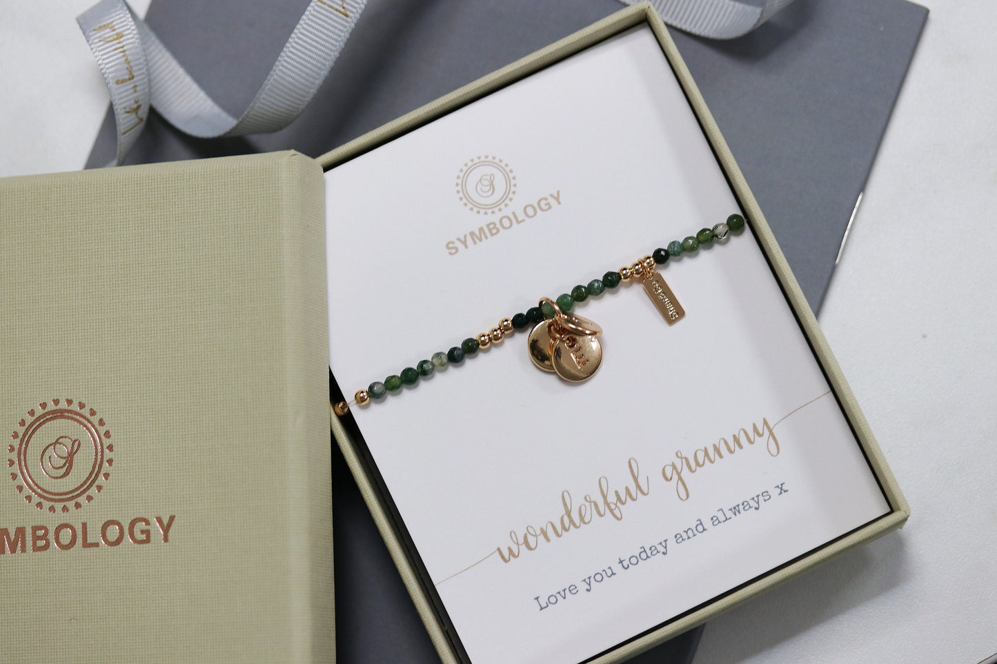 Personalised Granny Gift, Initial Charm Bracelet, Stretch Natural Beads Bracelet, Stackable Bracelets, Nanny Grandma Birthday Gift for Her