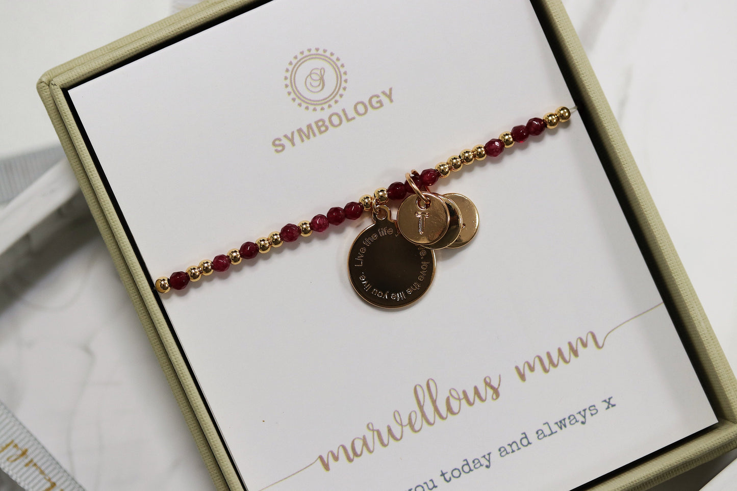 Personalised Initial Charm Sentimental Bracelet for Mum, Mothers Day Gift, Stretch Ruby Natural Beads Bracelet, Costom Birthday Gift for Mom