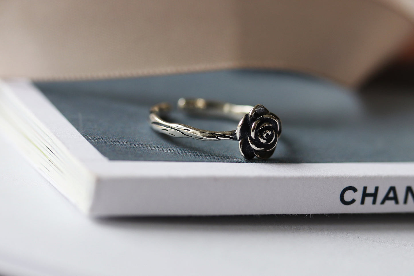 Solid Silver Handmade Rose Ring, Vintage Floral Open Ring, Modern Minimalist Adjustable Stacking Ring,Girlfriend Birthday Gift, Gift for Her