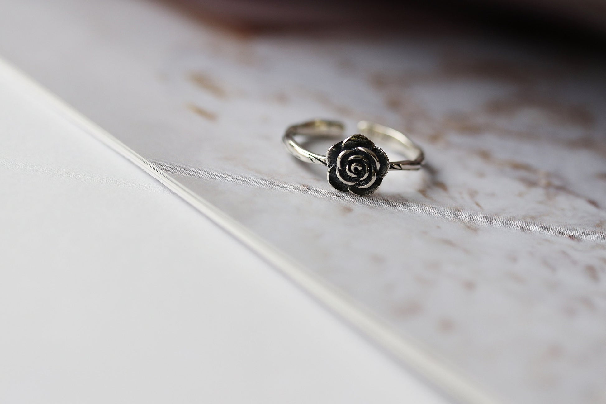 Solid Silver Handmade Rose Ring, Vintage Floral Open Ring, Modern Minimalist Adjustable Stacking Ring,Girlfriend Birthday Gift, Gift for Her