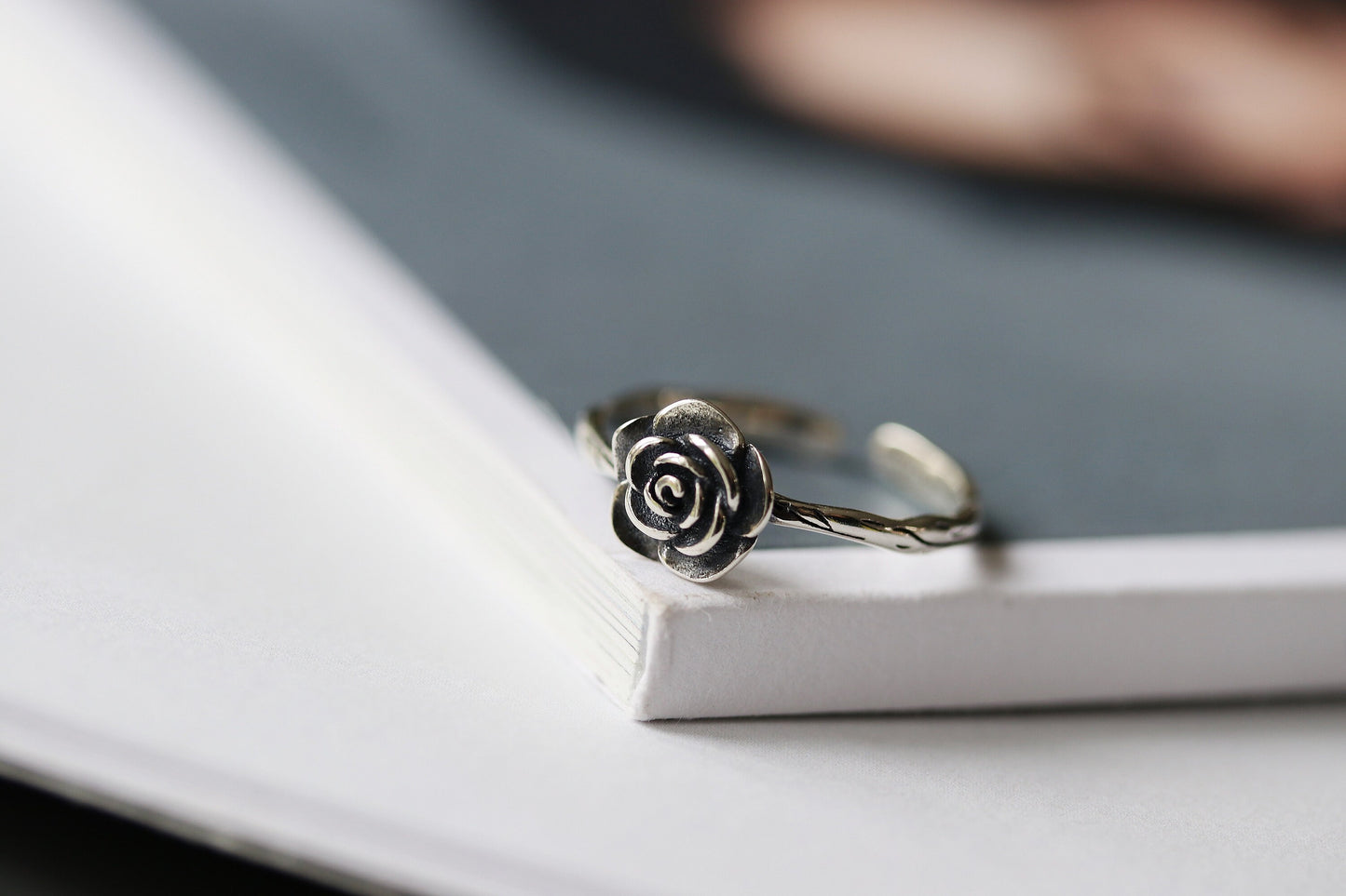 Solid Silver Handmade Rose Ring, Vintage Floral Open Ring, Modern Minimalist Adjustable Stacking Ring,Girlfriend Birthday Gift, Gift for Her