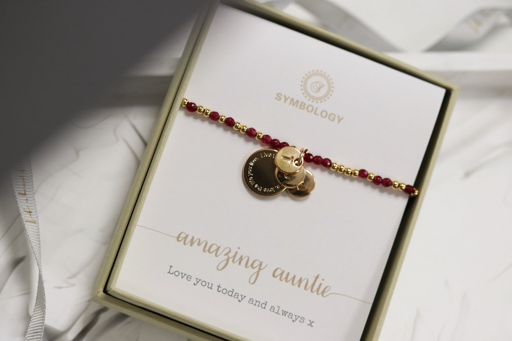 Personalised Auntie Initial Bracelet, Alphabet Charm Bracelet, Gold Stretch Ruby Natural Beads Stackable Bracelet, Auntie Birthday Gift