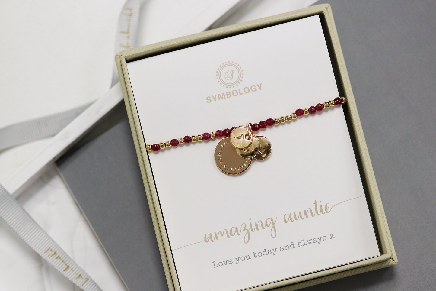 Personalised Auntie Initial Bracelet, Alphabet Charm Bracelet, Gold Stretch Ruby Natural Beads Stackable Bracelet, Auntie Birthday Gift