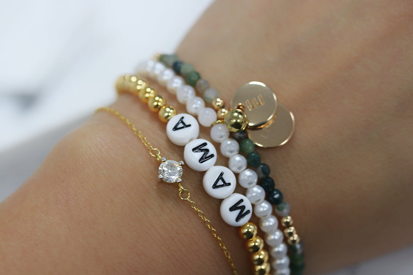 Personalised Auntie Bracelet, Initial Charm Bracelet, Gold Emerald Beads Bangle, Stackable Gemstone Bracelet, Auntie Birthday Gift for Her