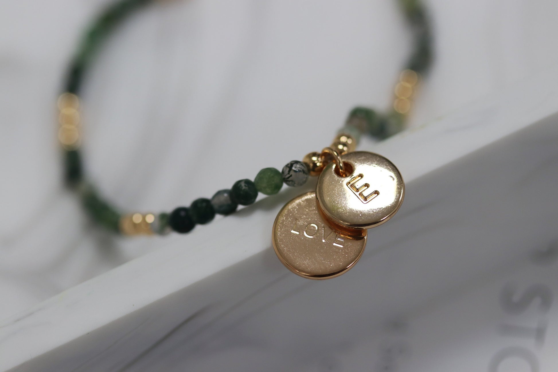 Personalised Auntie Bracelet, Initial Charm Bracelet, Gold Emerald Beads Bangle, Stackable Gemstone Bracelet, Auntie Birthday Gift for Her
