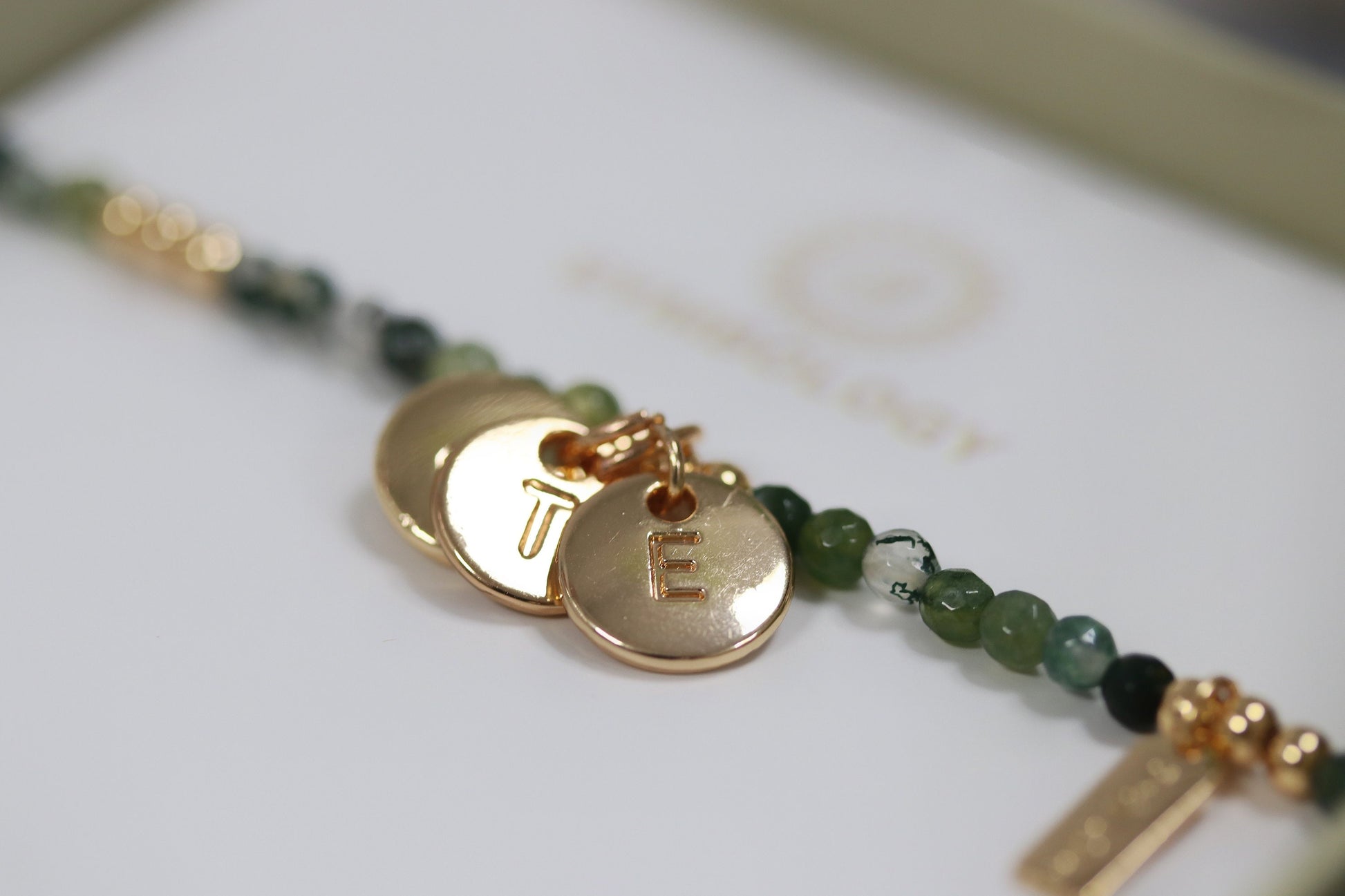 Personalised Auntie Bracelet, Initial Charm Bracelet, Gold Emerald Beads Bangle, Stackable Gemstone Bracelet, Auntie Birthday Gift for Her